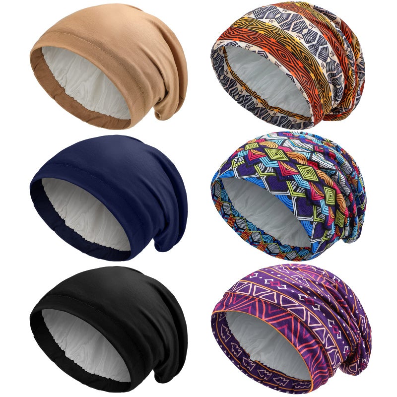 Sintege 6 Pcs Satin Lined Bonnet Sleep Chemo Hat Stretch Cancer Cap for Women Men Cancer Patient African Silk Soft BeanieSimple Patterns